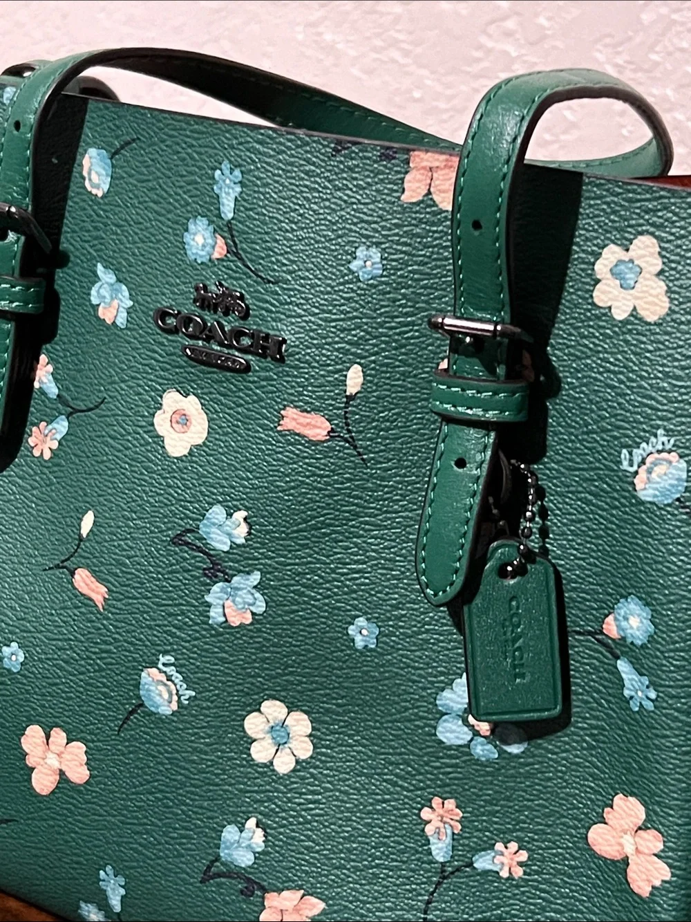 Beautiful Coach Green Floral Shoulder Tote with Pink & Blue Flowers
